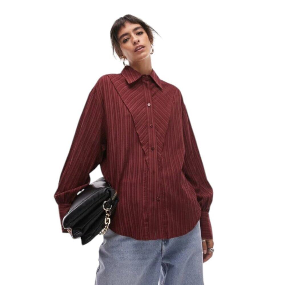 TopShop Textured Panel Shirt In Red Size 8 NWOT $62 MSRP